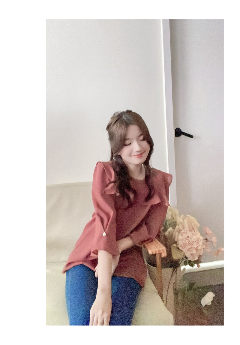 (不透肉雪紡) My ruffle Pearl, Blouse 不透肉雪紡立體荷葉珍珠手袖上衣/ BU9059