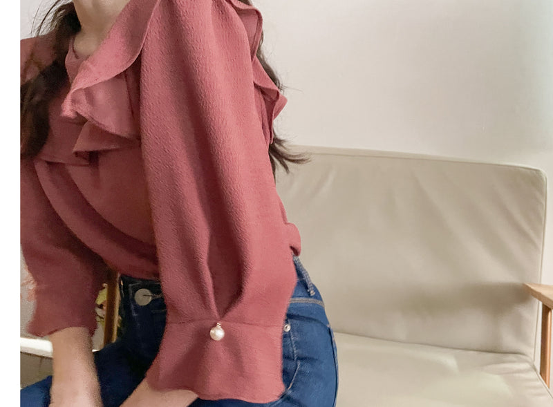 (不透肉雪紡) My ruffle Pearl, Blouse 不透肉雪紡立體荷葉珍珠手袖上衣/ BU9059