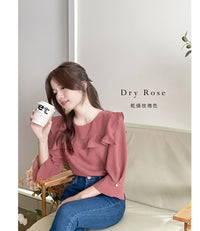 (不透肉雪紡) My ruffle Pearl, Blouse 不透肉雪紡立體荷葉珍珠手袖上衣/ BU9059