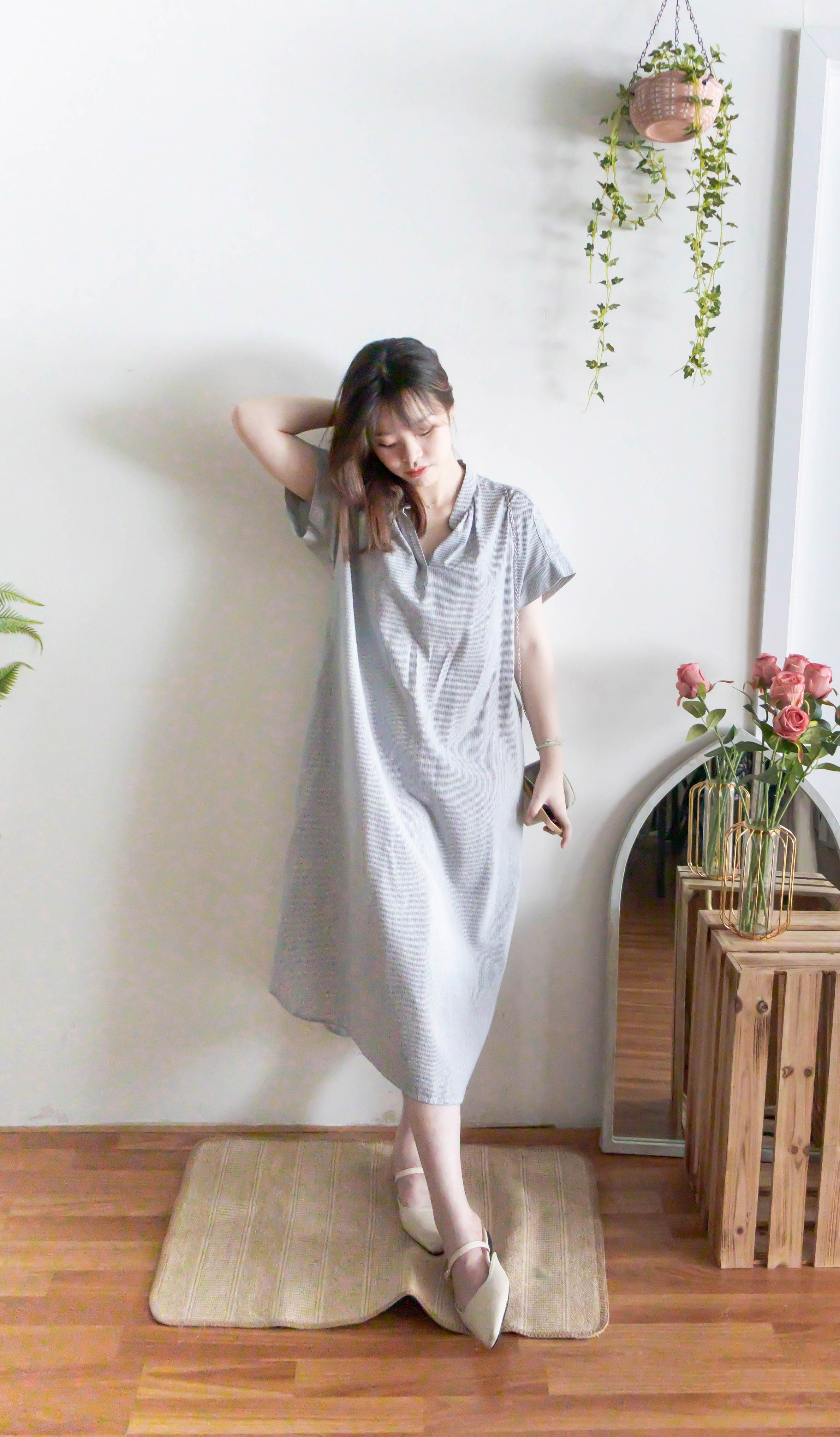 [ BEST ✈️ LIMITED RESTOCK!] Stripe Shirt 幾何無領恤衫暗直紋口袋綁帶長裙, Dress/ DS9296
