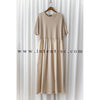 Beige 彈性棉質皺褶腰間大擺連身裙, Dress/ DS9321