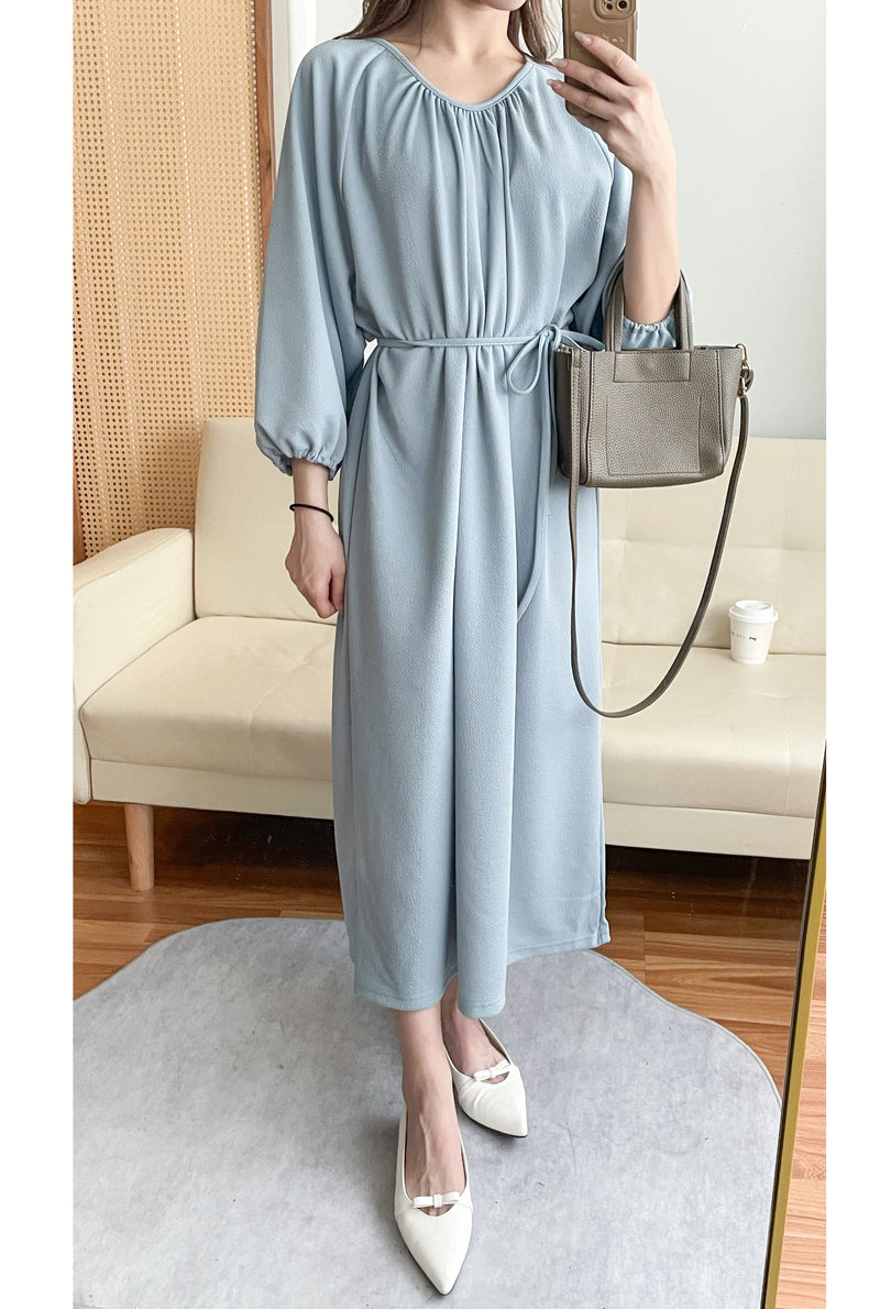 [限量現貨回歸]  Audrey, Dress 淡藍輕優雅Casual入肩線領口連身裙/DS9643