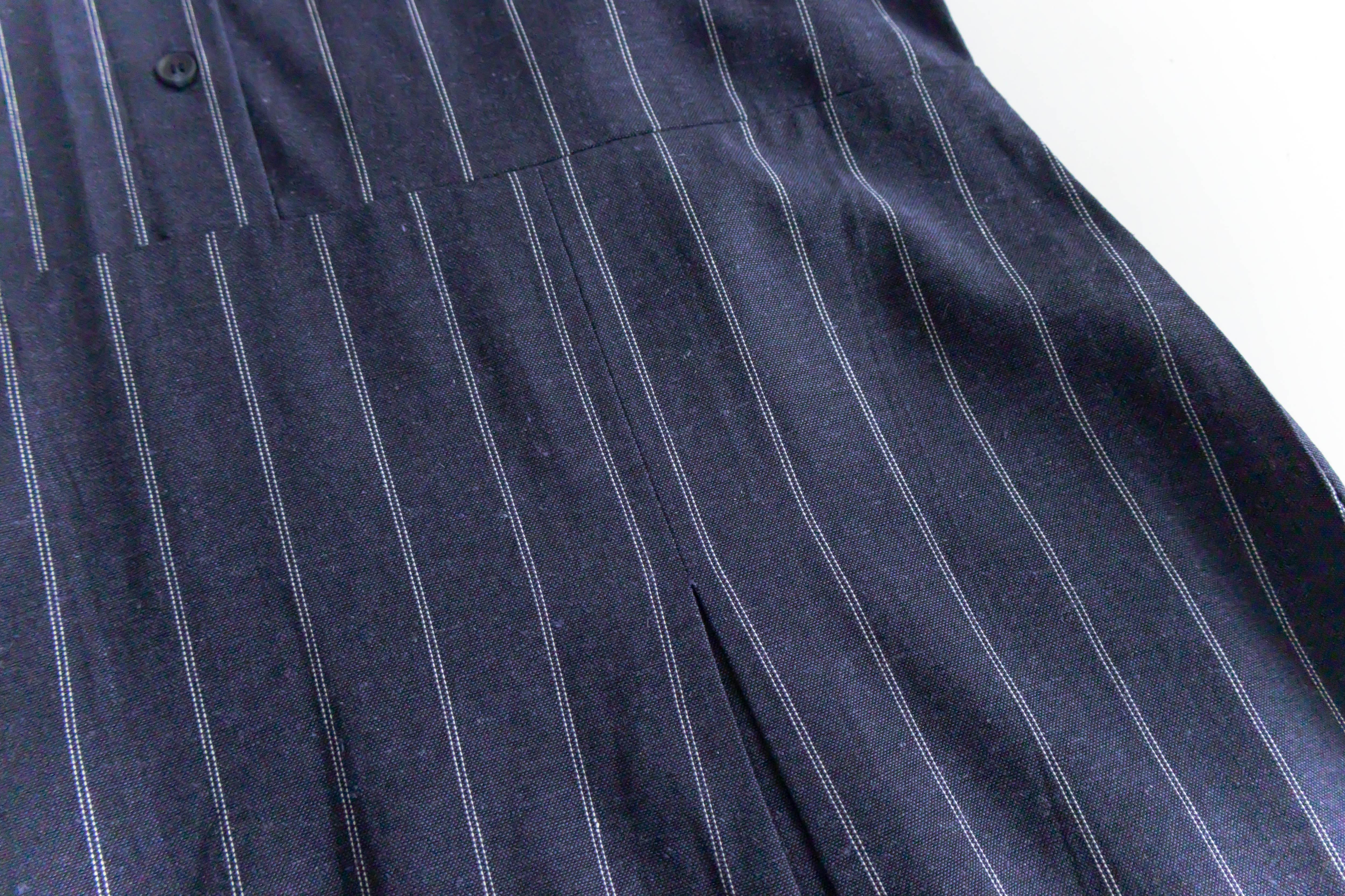 Navy Stripe 隨性防皺麻棉條紋高腰線裙擺車褶, Dress/ DS9312