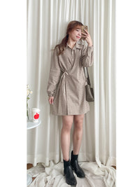 Check Side Dress 啡色小格側修腰恤衫連身裙/ DS9796