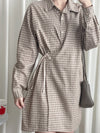 Check Side Dress 啡色小格側修腰恤衫連身裙/ DS9796