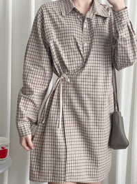 Check Side Dress 啡色小格側修腰恤衫連身裙/ DS9796