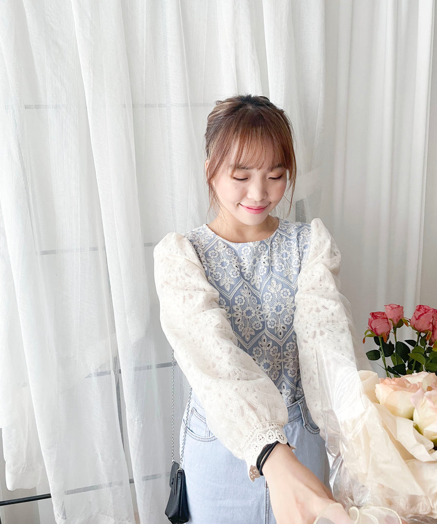 Victoria Lace 維多利亞通花包紗手袖連裡布上衣, BLOUSE/TP8919 (不設訂貨款 lightblue soldout)