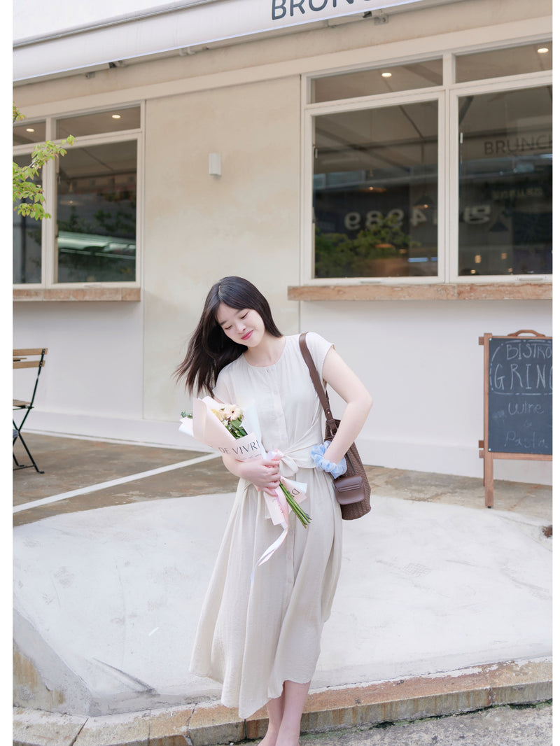 Front Twist Dress 杏色前綁帶簡約連身裙/ DS9972