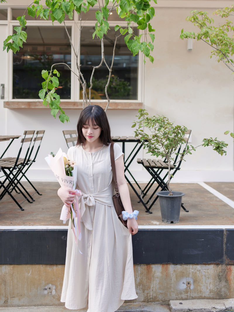 Front Twist Dress 杏色前綁帶簡約連身裙/ DS9972