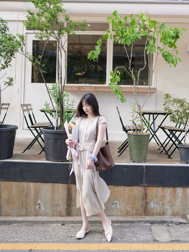 Front Twist Dress 杏色前綁帶簡約連身裙/ DS9972