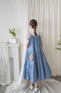 （肩帶可調) Denim 牛仔口袋多層吊帶裙, Dress/ DS9569