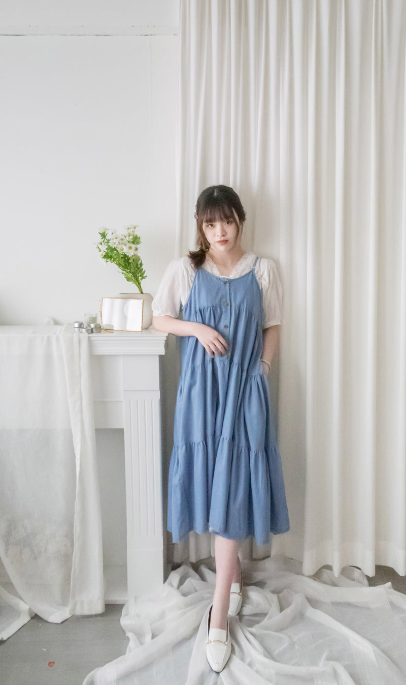 （肩帶可調) Denim 牛仔口袋多層吊帶裙, Dress/ DS9569