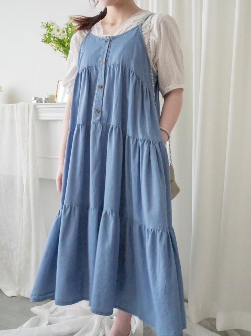 （肩帶可調) Denim 牛仔口袋多層吊帶裙, Dress/ DS9569
