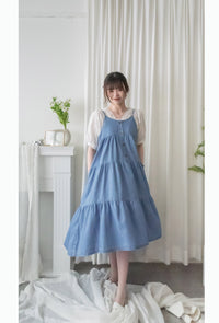 （肩帶可調) Denim 牛仔口袋多層吊帶裙, Dress/ DS9569