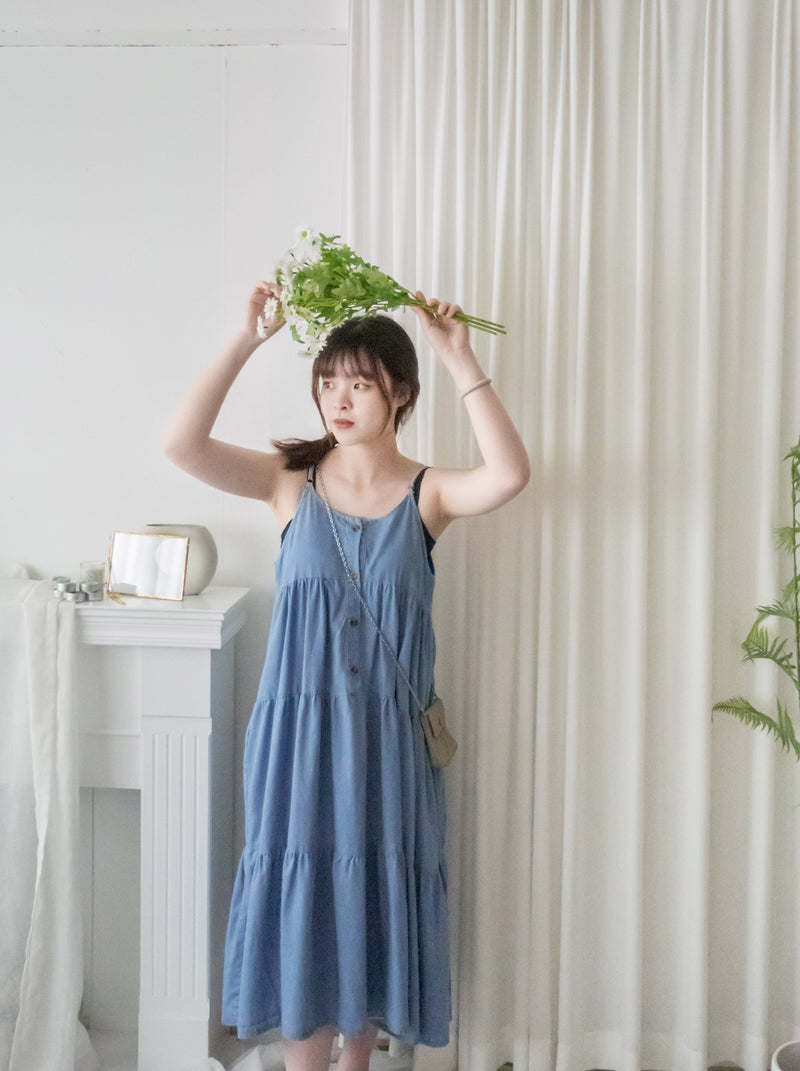 （肩帶可調) Denim 牛仔口袋多層吊帶裙, Dress/ DS9569
