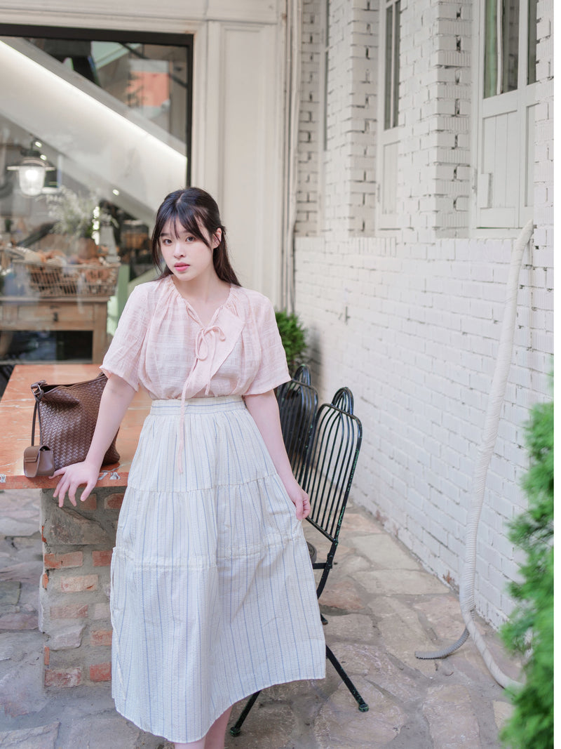 Stripe Ribbon Skirt 法式條紋層次長裙/ SK8903