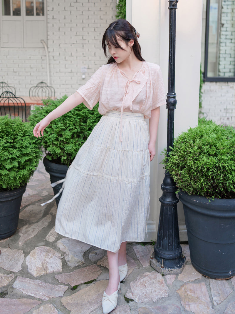 Stripe Ribbon Skirt 法式條紋層次長裙/ SK8903
