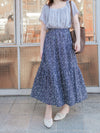 Floral Tiered Skirt 深藍漫步手繪碎花層次長裙/ SK8905