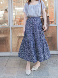 Floral Tiered Skirt 深藍漫步手繪碎花層次長裙/ SK8905