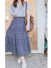 Floral Tiered Skirt 深藍漫步手繪碎花層次長裙/ SK8905