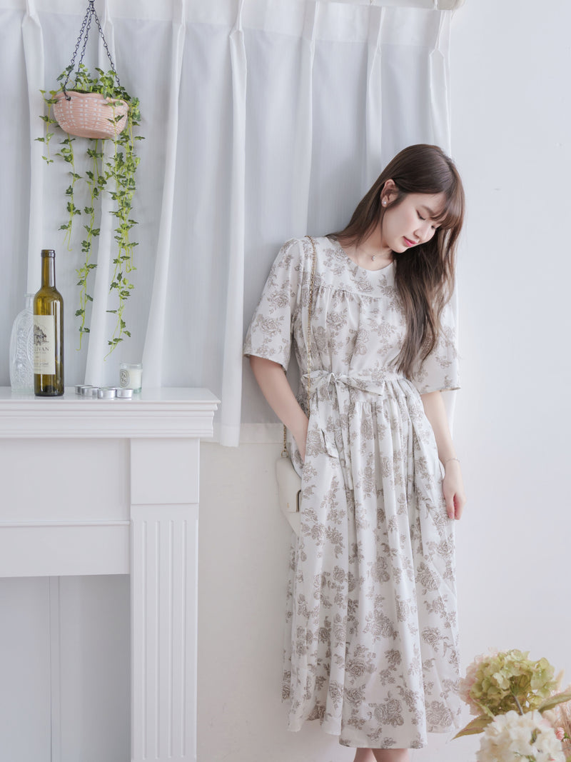 Bloom Dress 焦糖線條印花口袋修腰連身裙/ DS9965