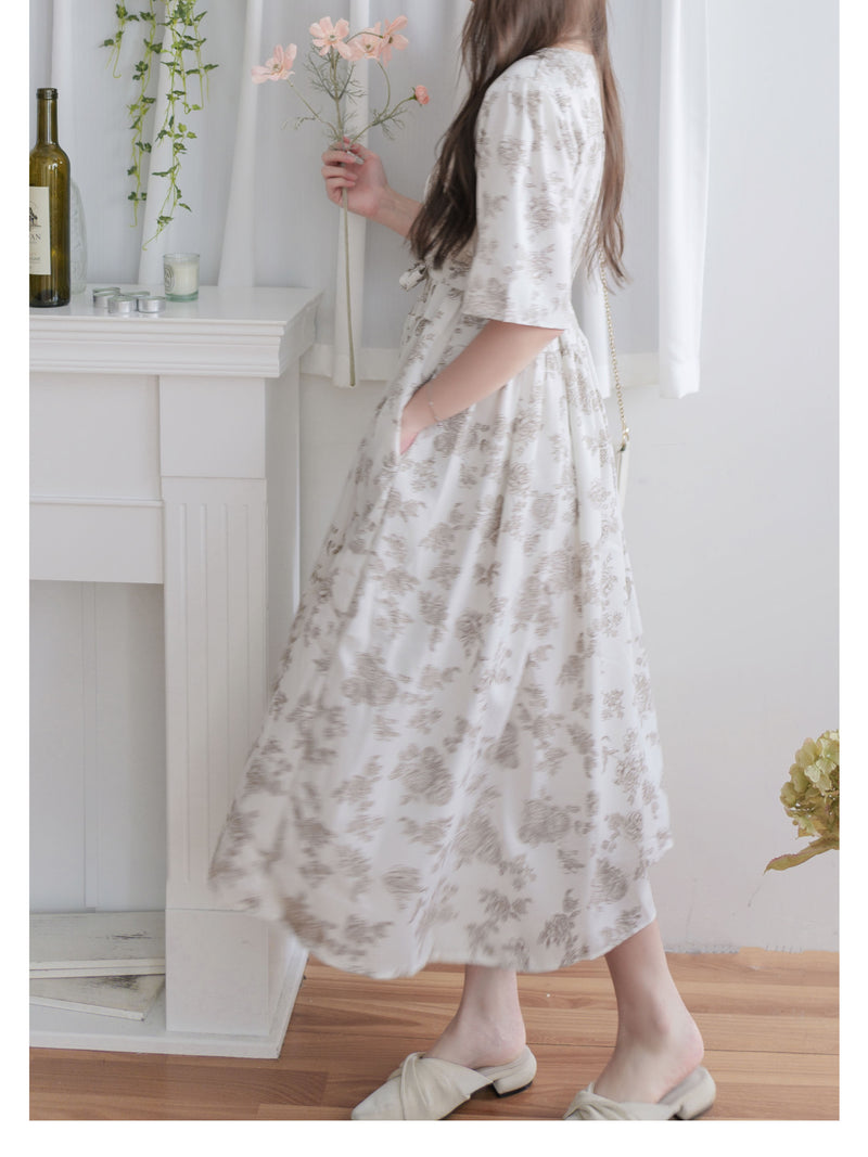 Bloom Dress 焦糖線條印花口袋修腰連身裙/ DS9965