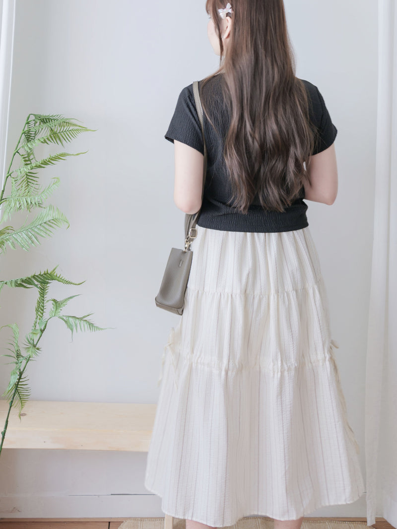 Stripe Ribbon Skirt 法式條紋層次長裙/ SK8903