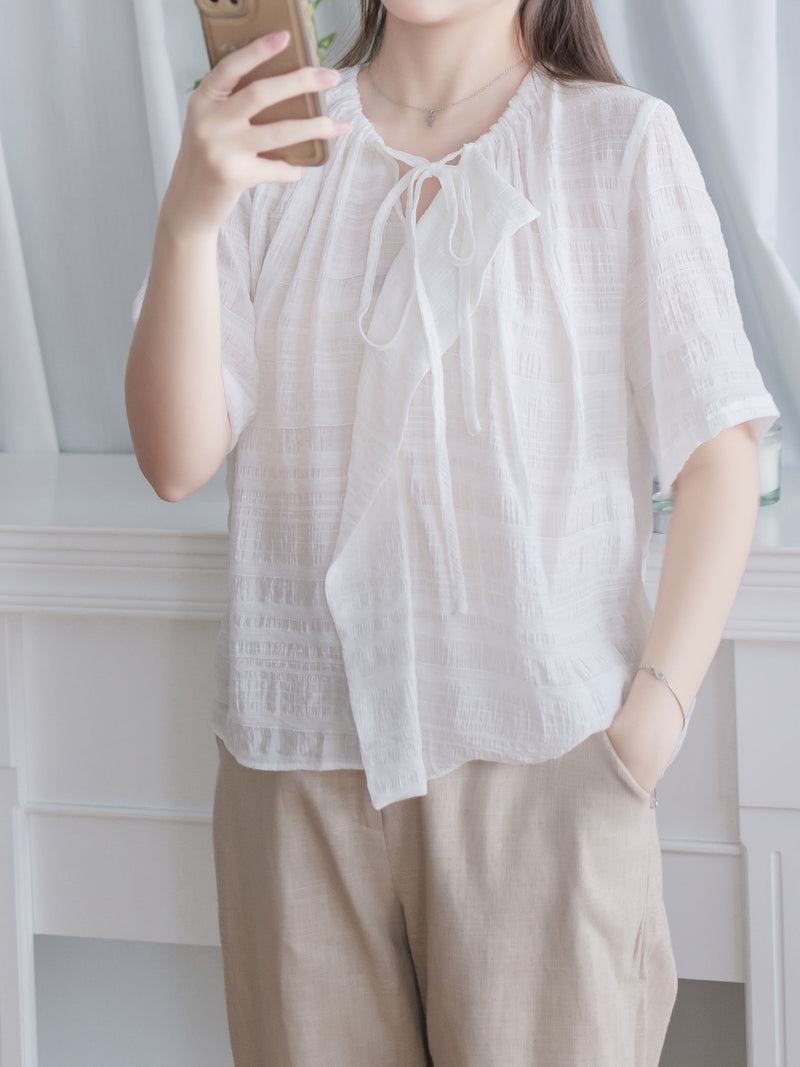 champagne Ribbon Blouse 輕柔質感繫帶紋理上衣/ BU9112