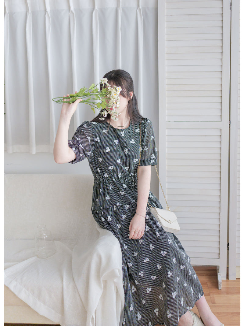 Cloud Floral Dress 雲朵感印花條紋連身裙/ DS9979 (pre-order 8月25截單)