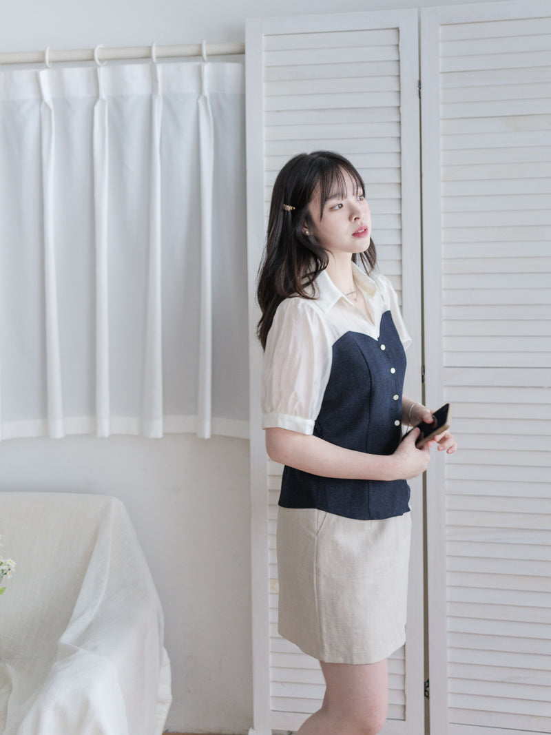 Spliced Blouse 深藍拼接設計不貼假修腰上衣/ BU9114