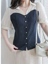 Spliced Blouse 深藍拼接設計不貼假修腰上衣/ BU9114