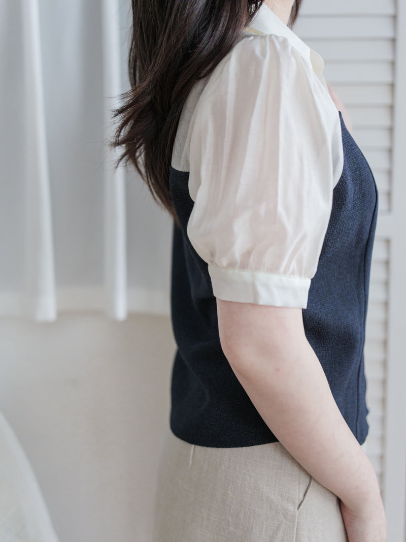 Spliced Blouse 深藍拼接設計不貼假修腰上衣/ BU9114