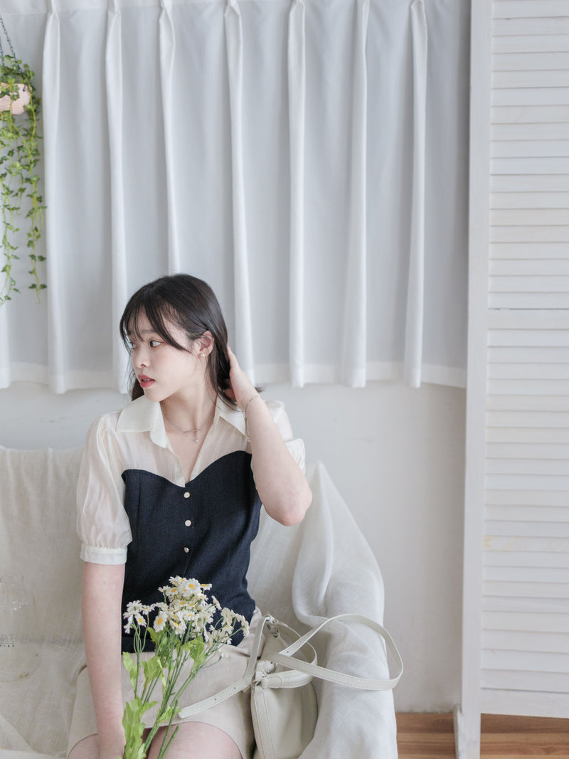 Spliced Blouse 深藍拼接設計不貼假修腰上衣/ BU9114