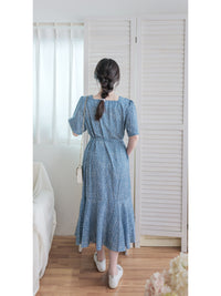 Square Neck Floral Dress 單色光影印花方領口袋連身裙/ DS9975