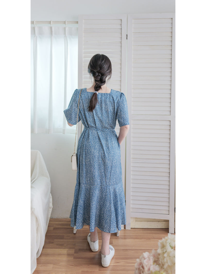 Square Neck Floral Dress 單色光影印花方領口袋連身裙/ DS9975