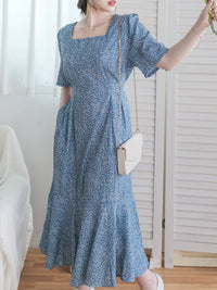 Square Neck Floral Dress 單色光影印花方領口袋連身裙/ DS9975