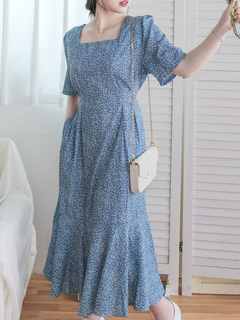 Square Neck Floral Dress 單色光影印花方領口袋連身裙/ DS9975
