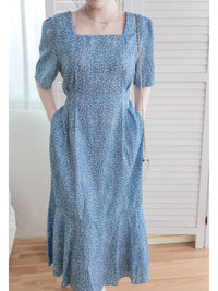 Square Neck Floral Dress 單色光影印花方領口袋連身裙/ DS9975