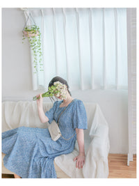 Square Neck Floral Dress 單色光影印花方領口袋連身裙/ DS9975