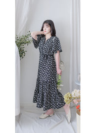 bouquet Dress 裝飾線幾何領口後橡筋印花連身裙/ DS9974