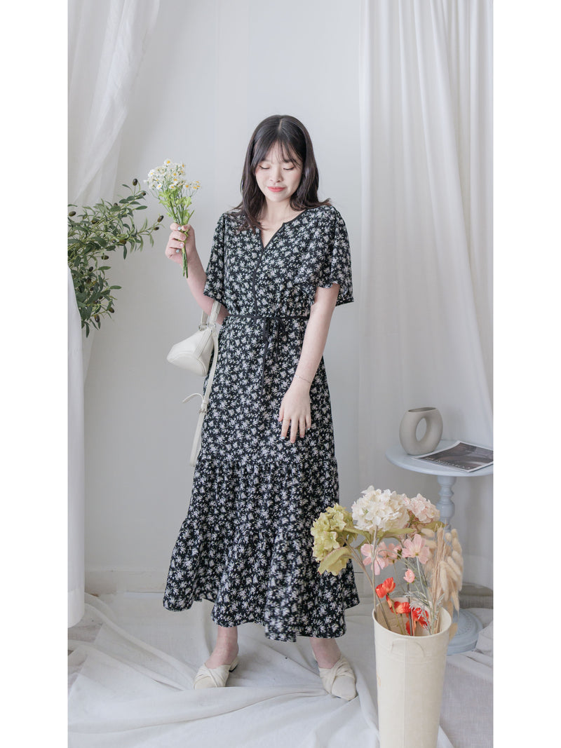 bouquet Dress 裝飾線幾何領口後橡筋印花連身裙/ DS9974