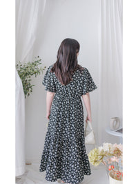 bouquet Dress 裝飾線幾何領口後橡筋印花連身裙/ DS9974