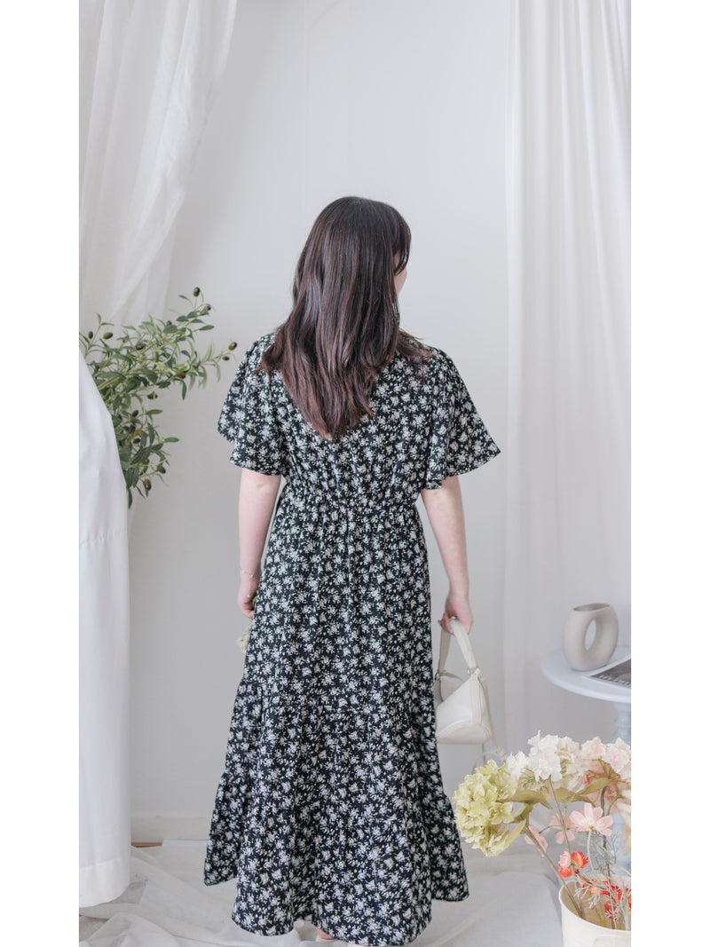 bouquet Dress 裝飾線幾何領口後橡筋印花連身裙/ DS9974