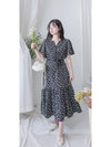bouquet Dress 裝飾線幾何領口後橡筋印花連身裙/ DS9974