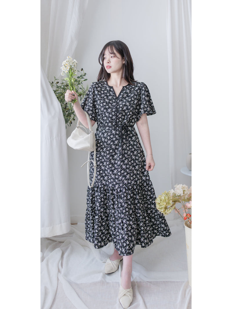 bouquet Dress 裝飾線幾何領口後橡筋印花連身裙/ DS9974