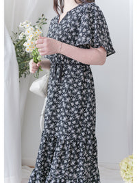 bouquet Dress 裝飾線幾何領口後橡筋印花連身裙/ DS9974