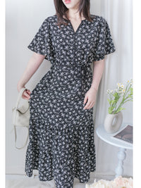 bouquet Dress 裝飾線幾何領口後橡筋印花連身裙/ DS9974
