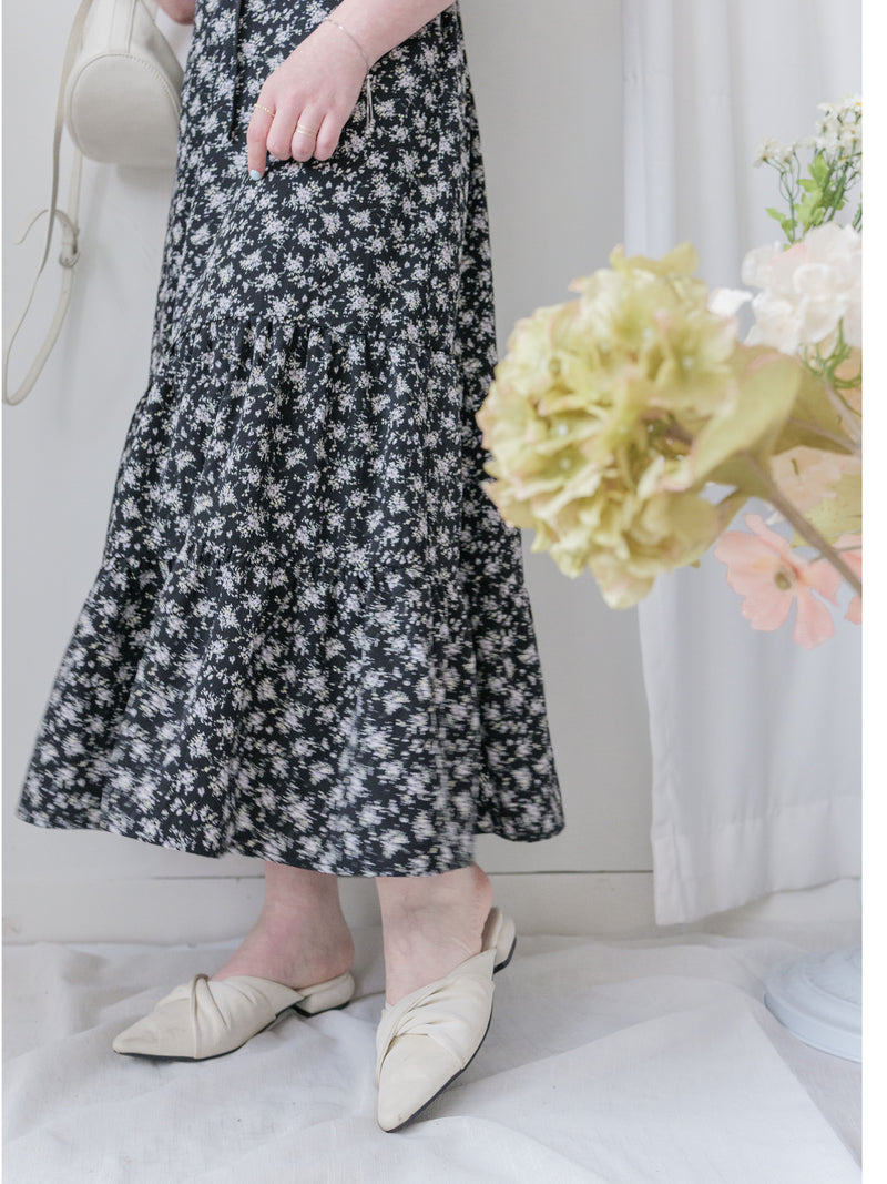 bouquet Dress 裝飾線幾何領口後橡筋印花連身裙/ DS9974
