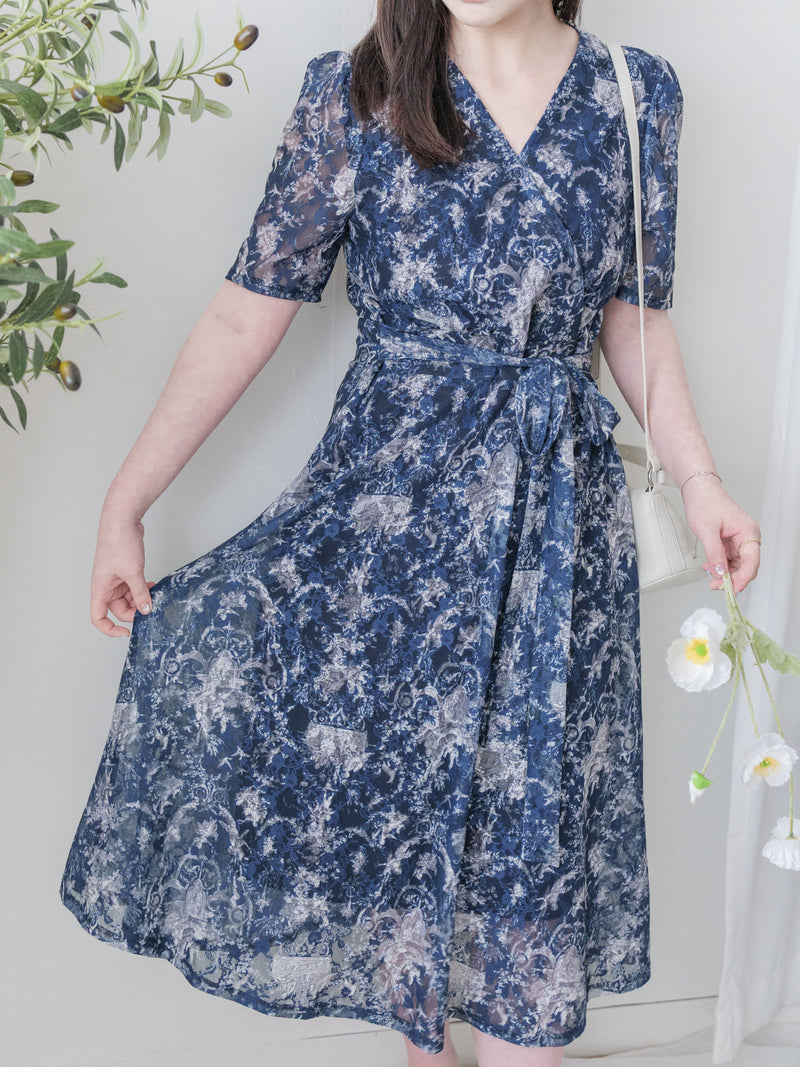 Toile Wrap Dress 暈染印花疊領連身裙/ DS9970