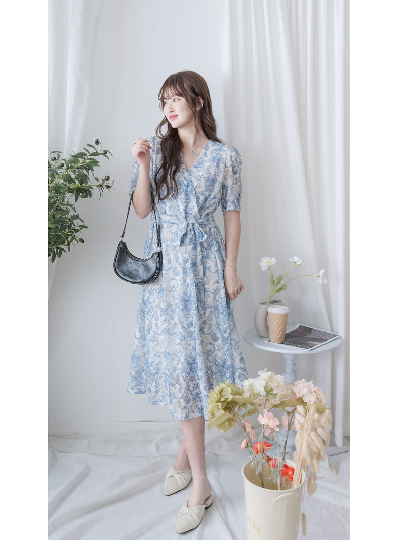 Toile Wrap Dress 暈染印花疊領連身裙/ DS9970